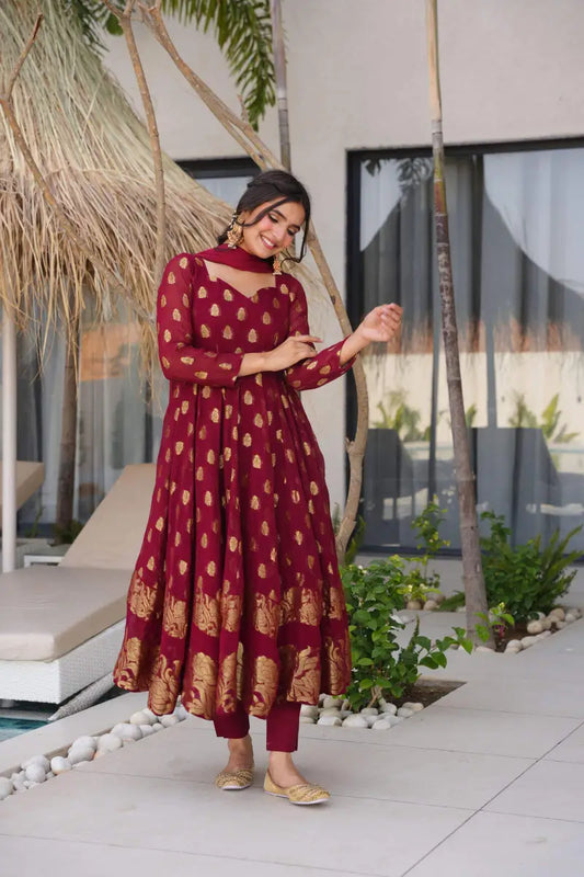 Beautiful Jacquard Maroon Anarkali Suit Set