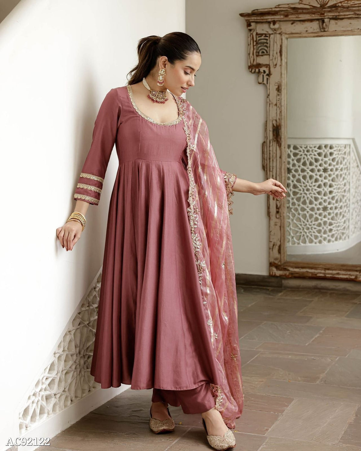 Elegant Mauve Anarkali with Golden Embroidered Dupatta
