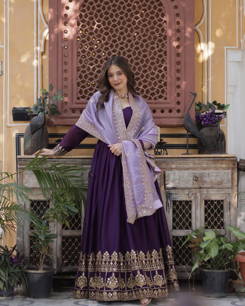 Purple Embroidered Anarkali Gown Set