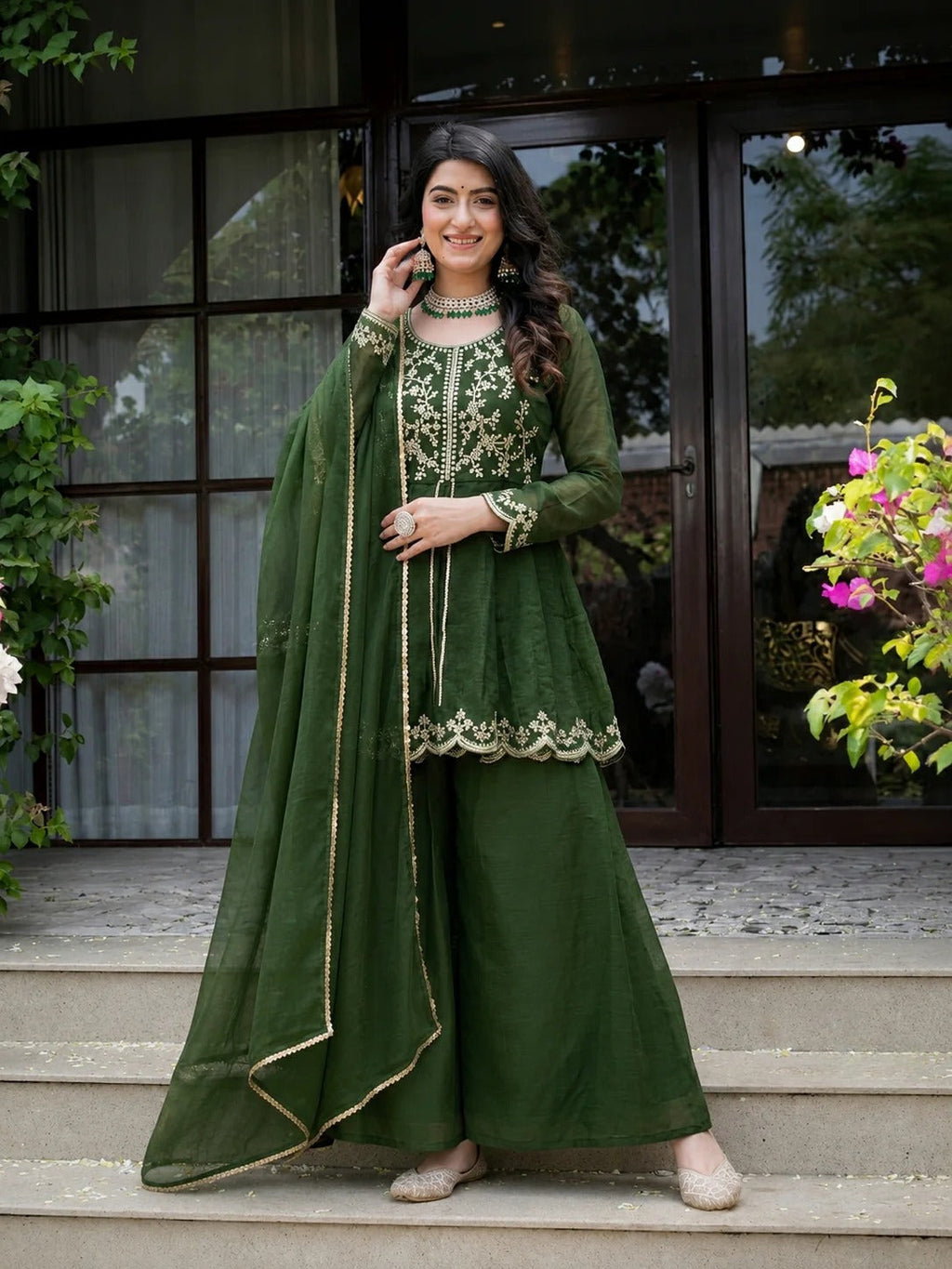 Green Crunchy Silk Palazzo Suit Set