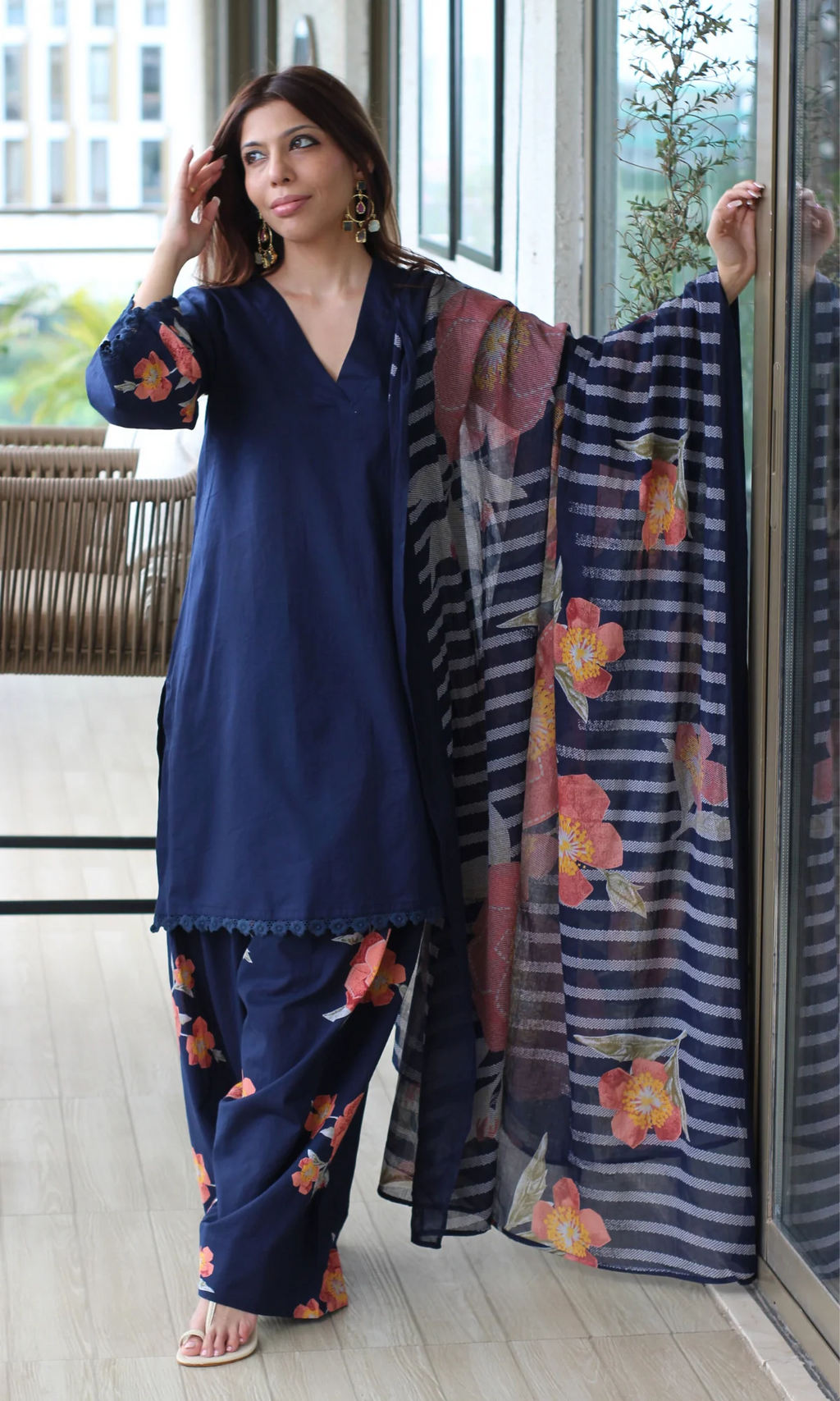 Navy Blue Gulzar Kurta with Farshi Salwar & Cotton Dupatta