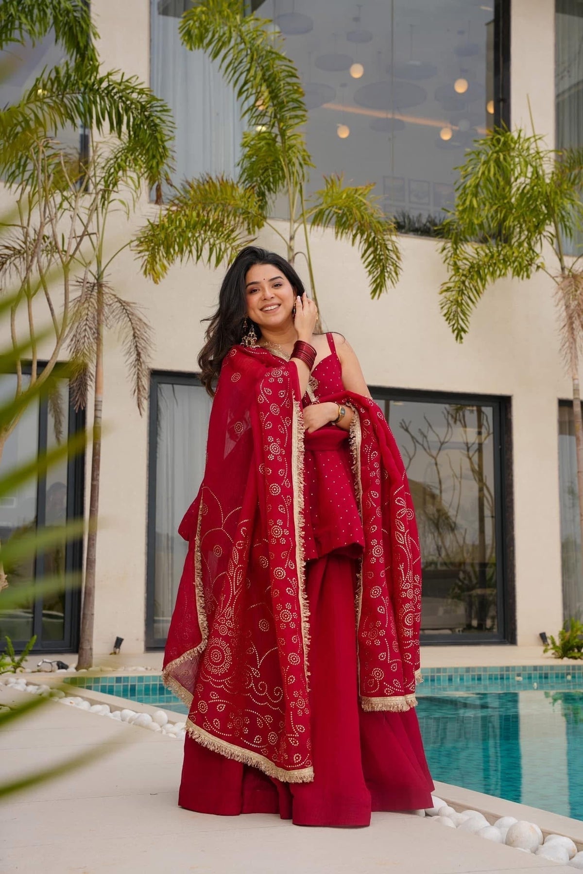 Cherry Red Top-Sharara Set