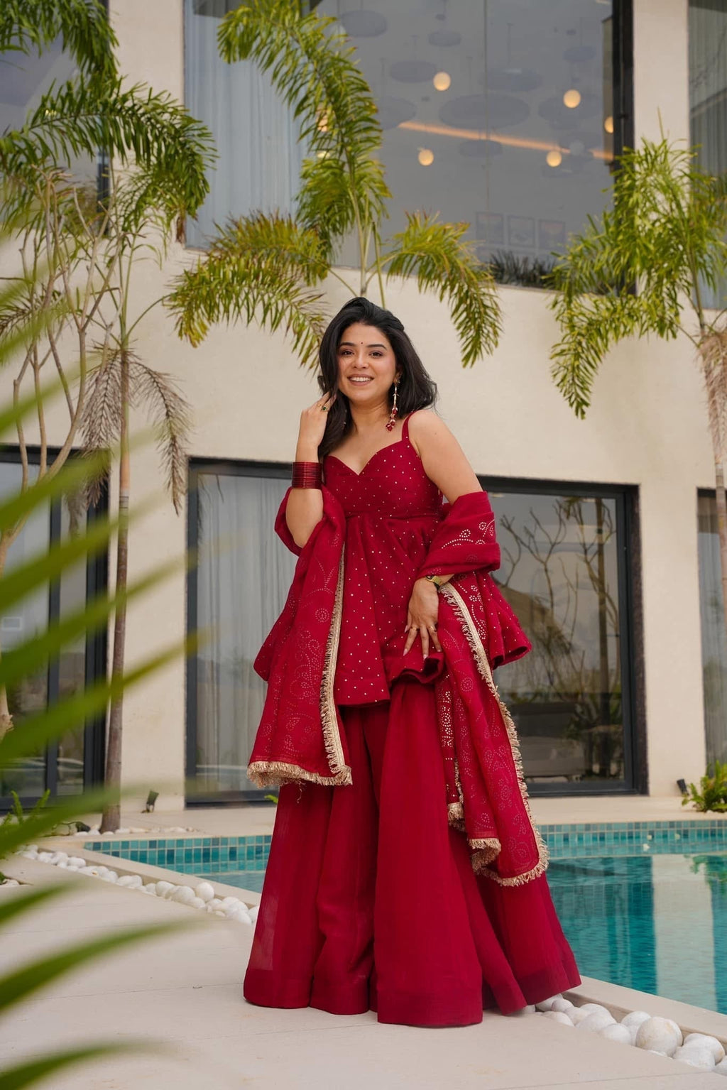 Cherry Red Top-Sharara Set