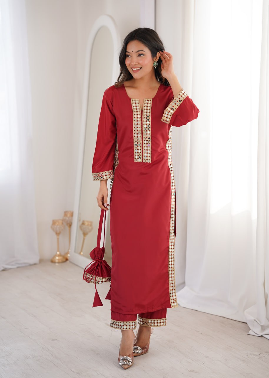 Beautiful Mirror Work Kurta Pant Set With Potli