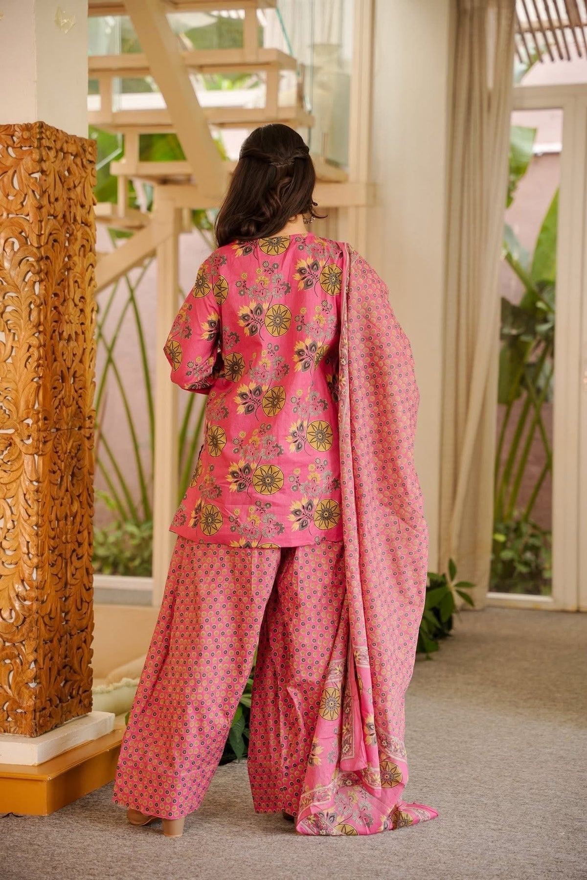 Printed Pink Cotton Farshi Salwar Suit Set