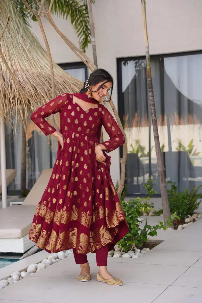 Beautiful Jacquard Maroon Anarkali Suit Set