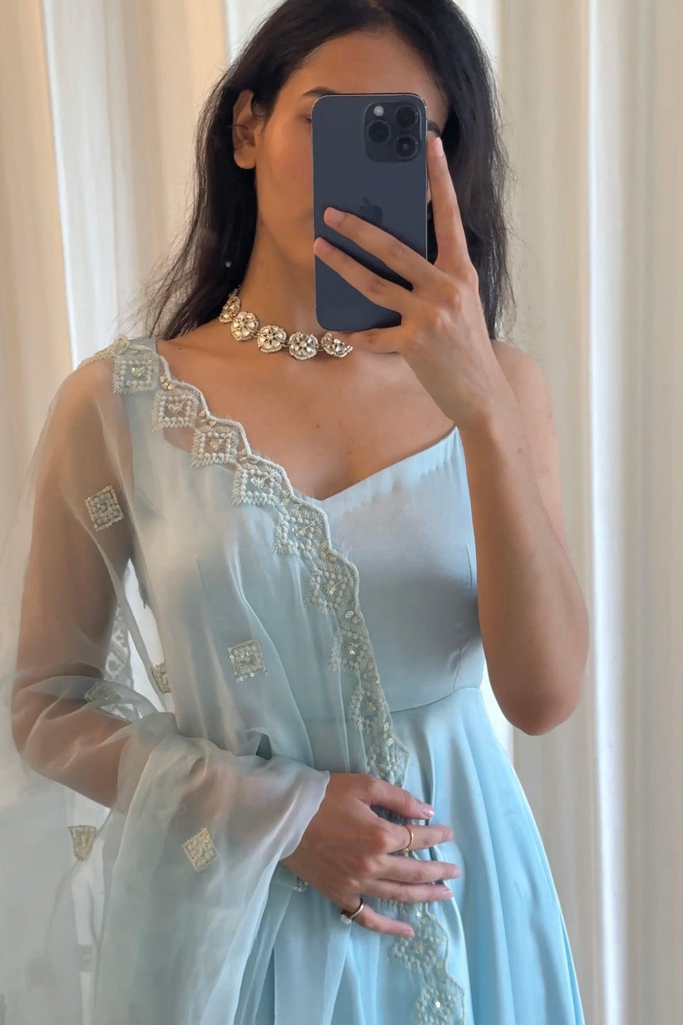 Powder Blue Satin Anarkali Set
