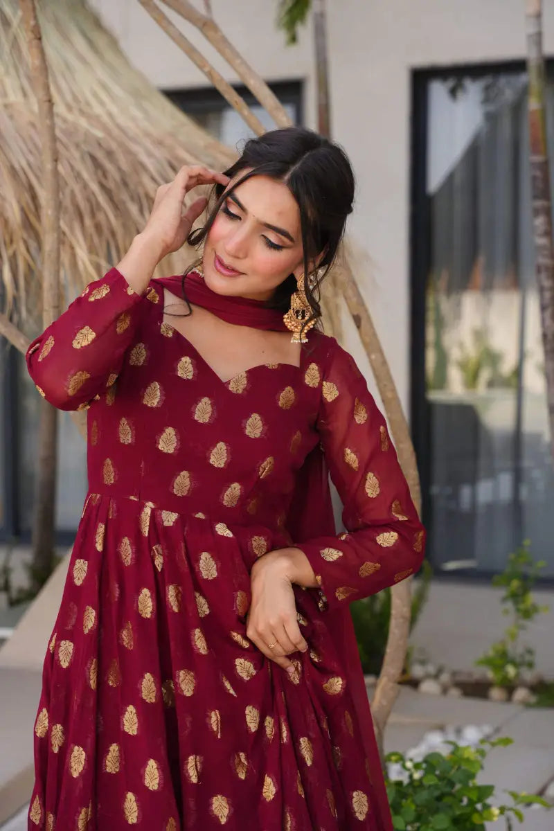 Beautiful Jacquard Maroon Anarkali Suit Set