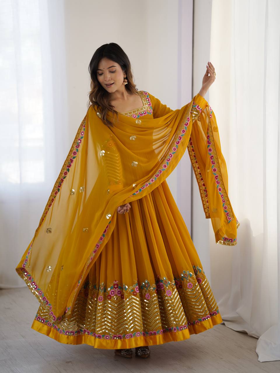 Beautiful Embroidered Work Anarkali Gown Set