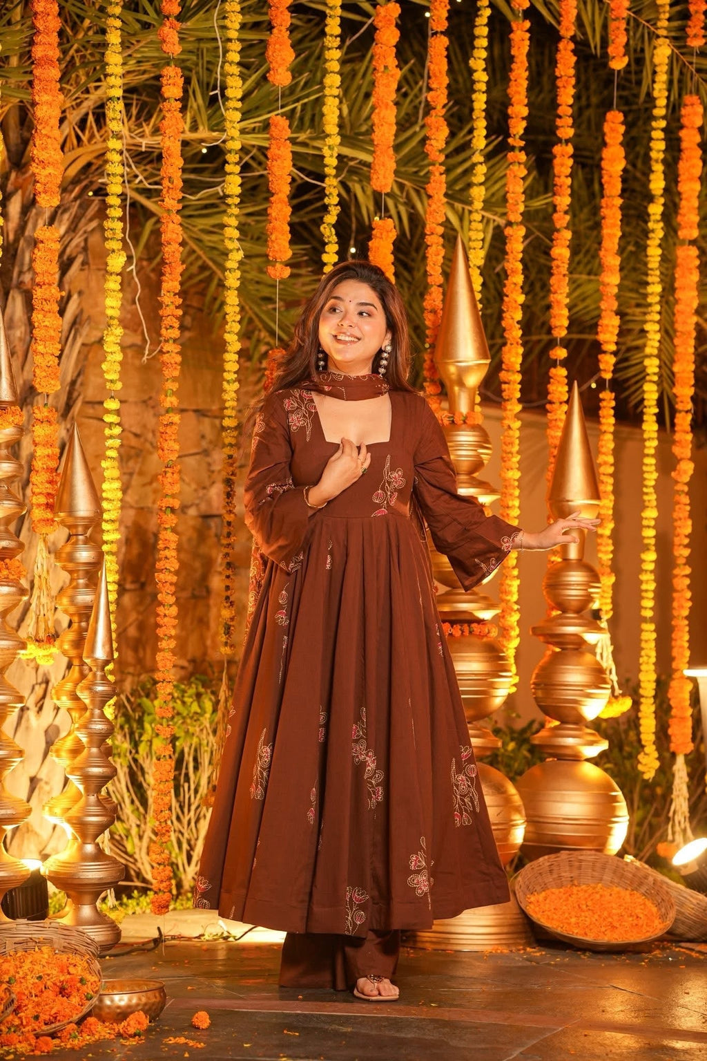 Beautiful Brown Printed Cotton Anarkali Suit
