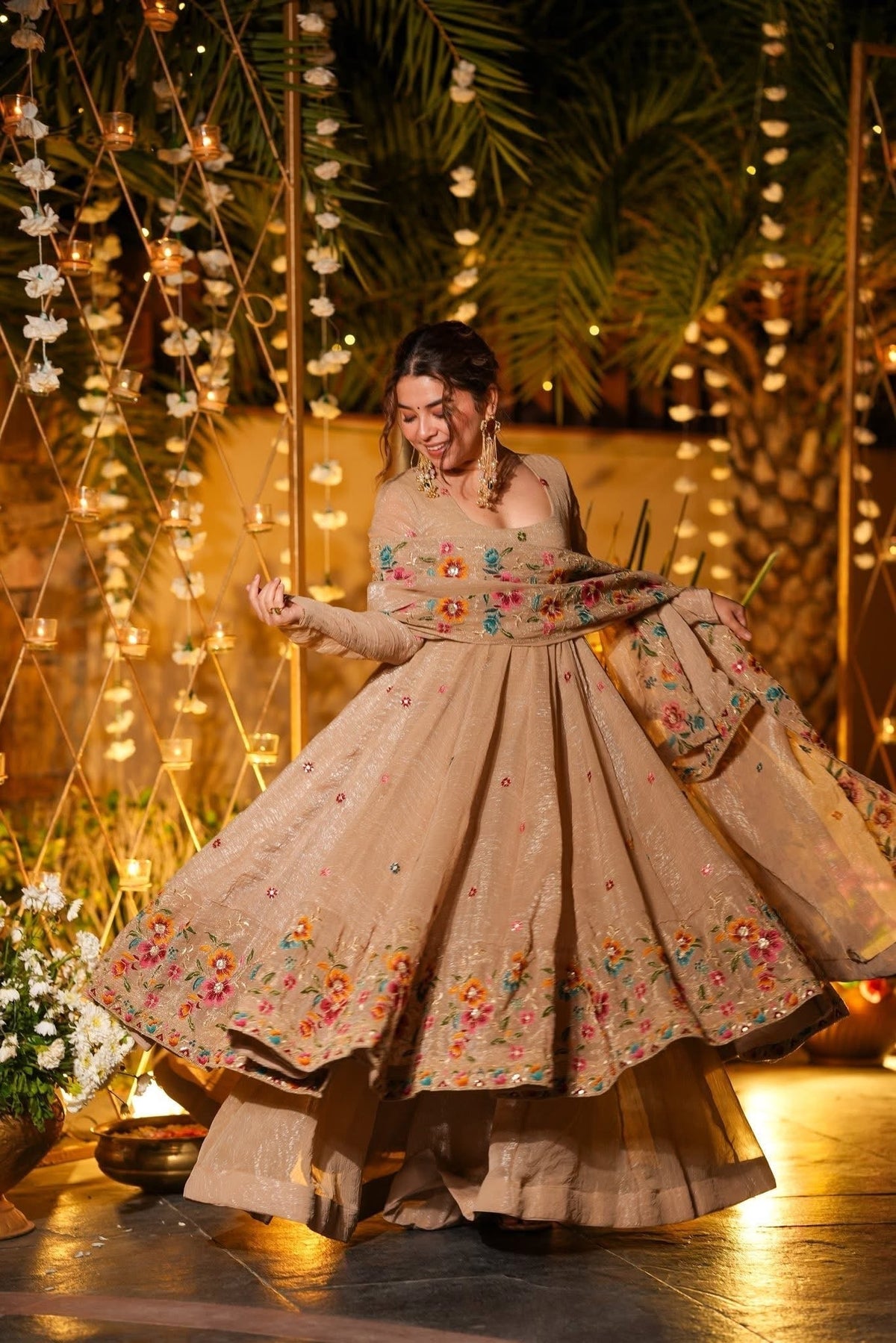 Beautiful Floral Embroidered Beige Anarkali Sharara Set