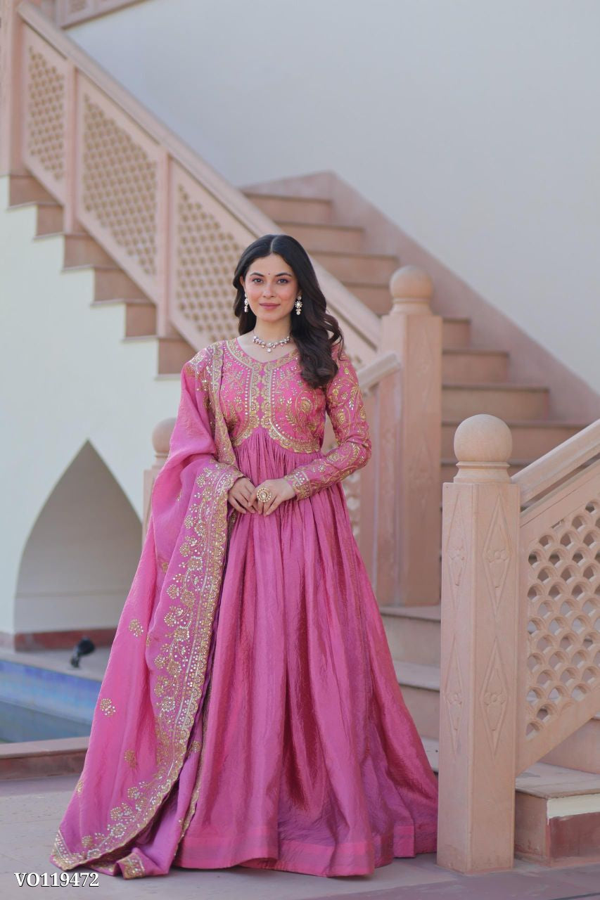 Royal Gold Crush Anarkali Set with Sequence Work