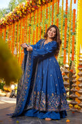 Trendy Blue Chanderi Silk Embroidered Anarkali Suit Set