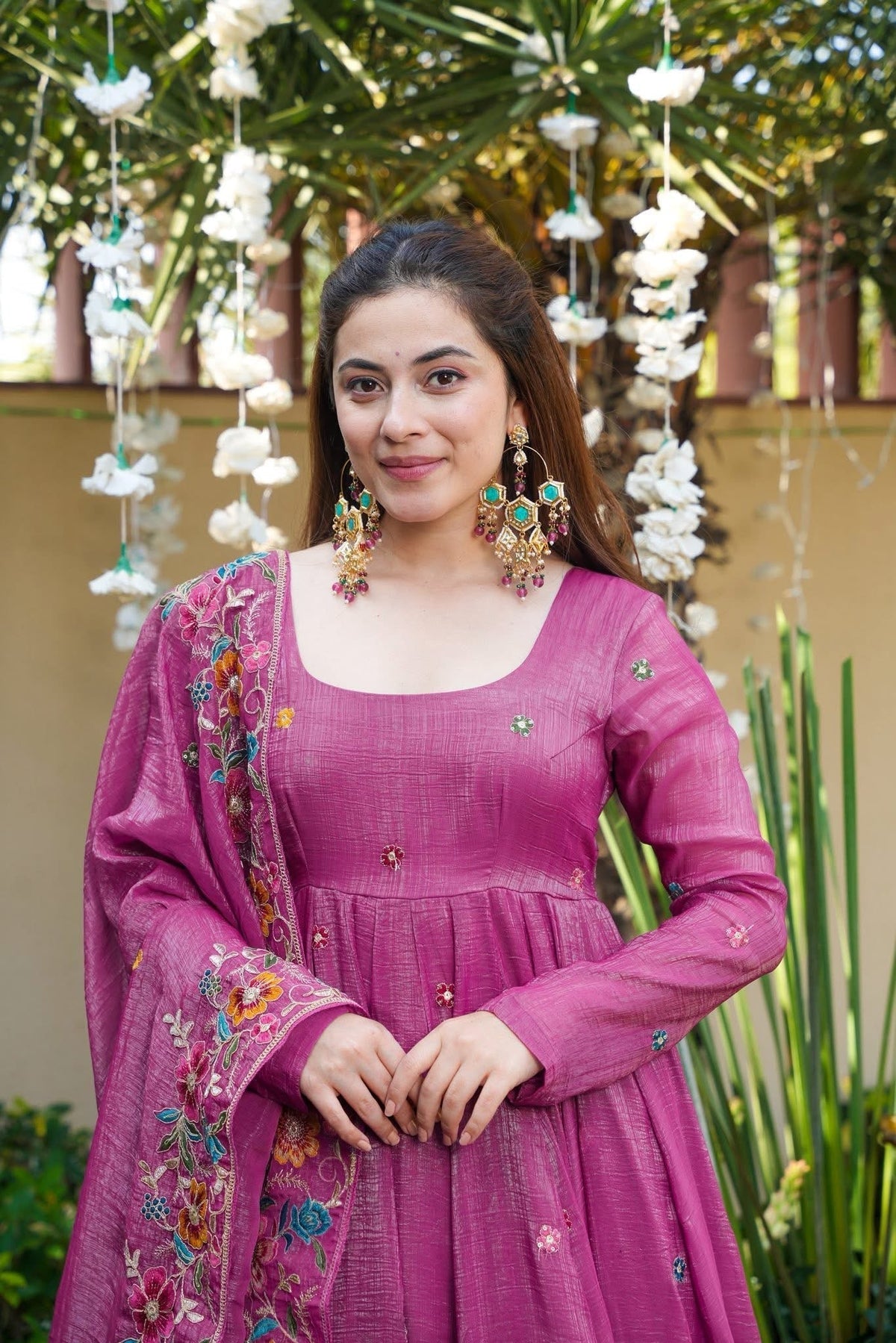 Beautiful Floral Embroidered Pink Anarkali Sharara Set