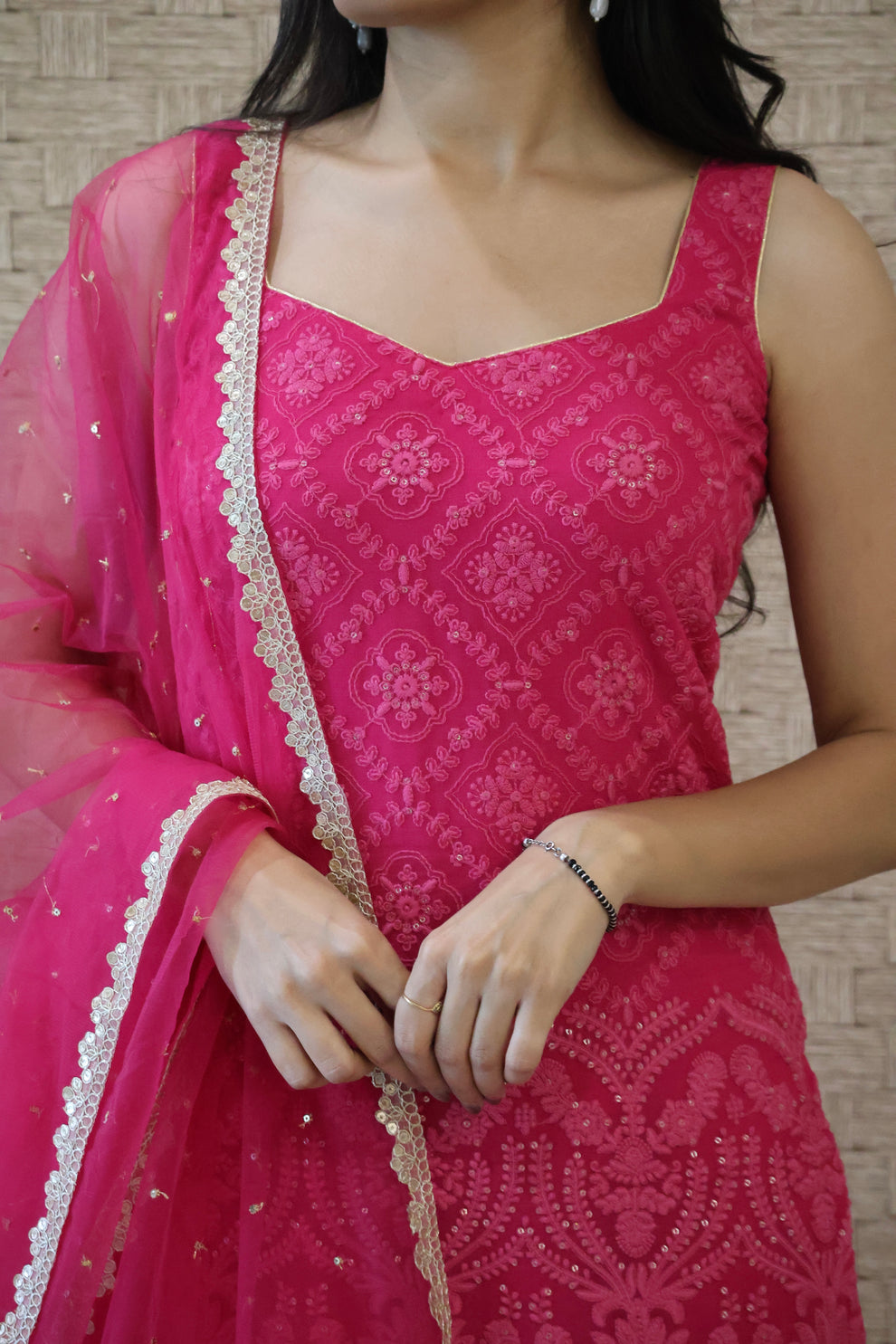 Pink Embroidered Georgette Kurta and Sharara Set