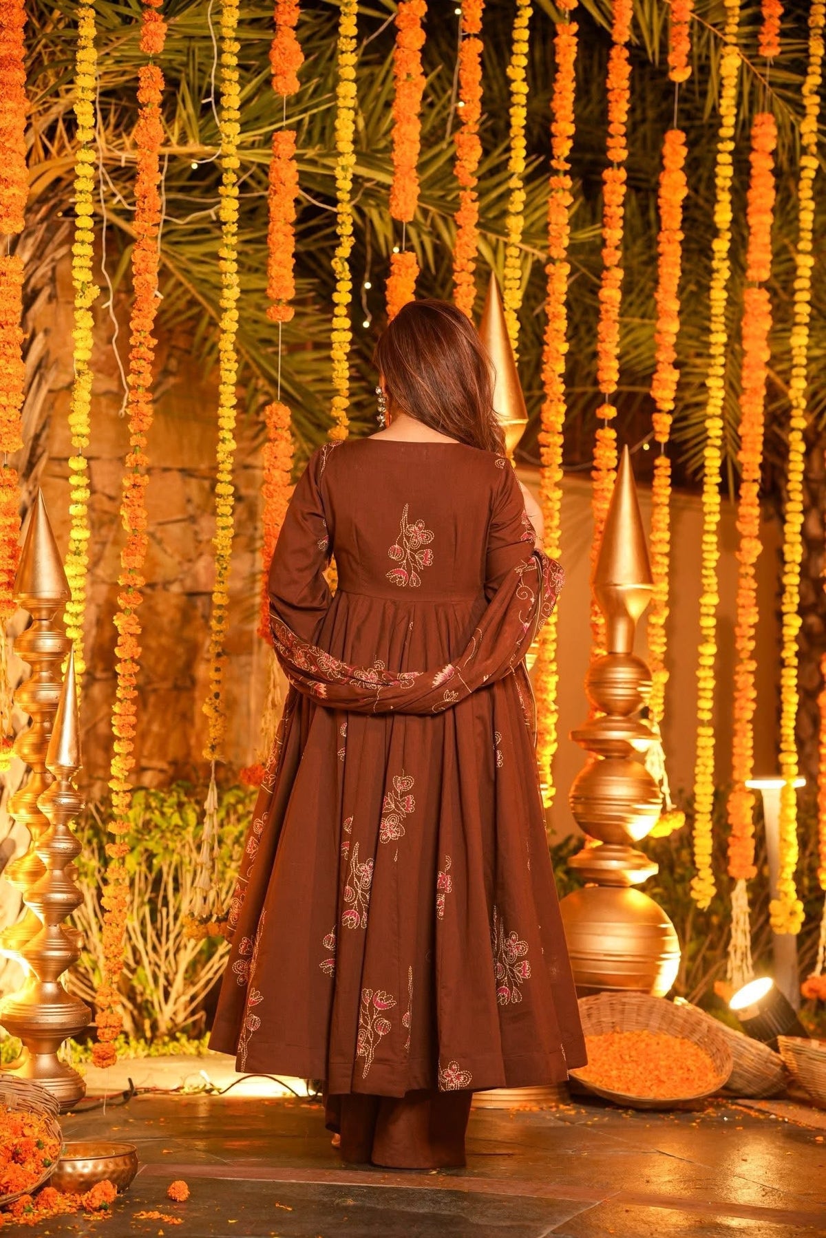 Beautiful Brown Printed Cotton Anarkali Suit