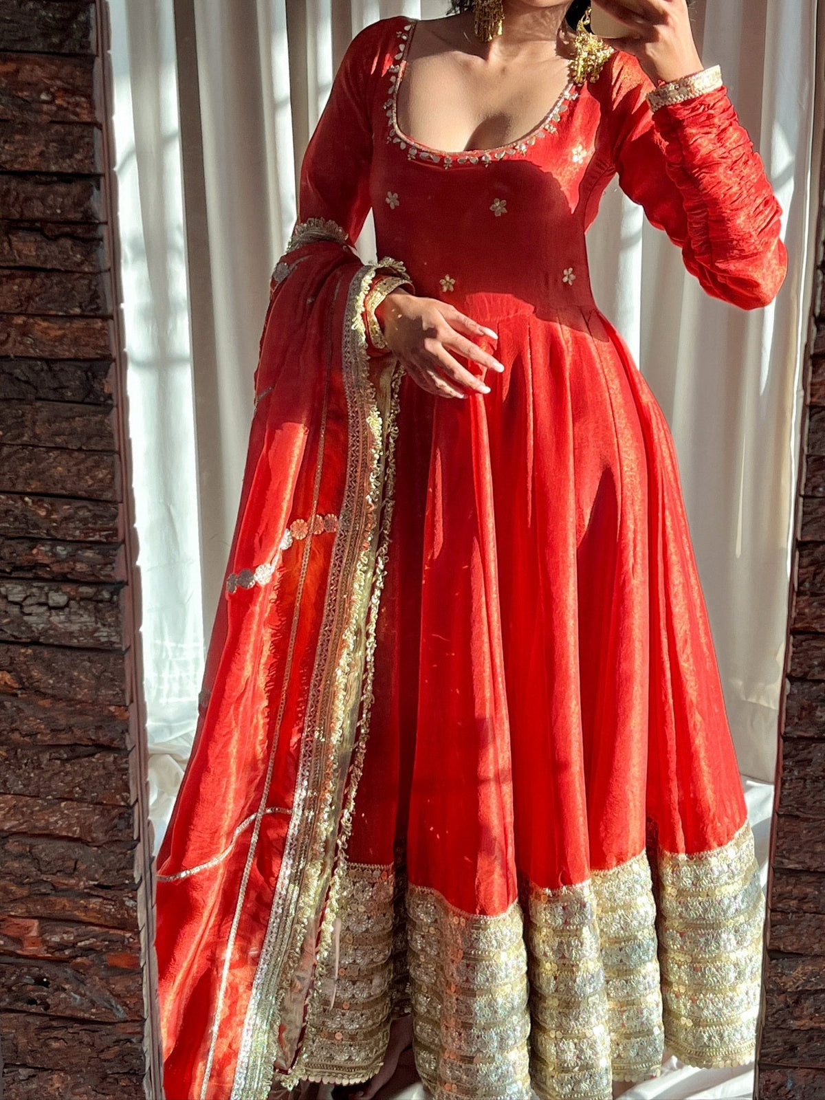 Red Elegant Anarkali Suit Set with Heavy Golden Border & Dupatta