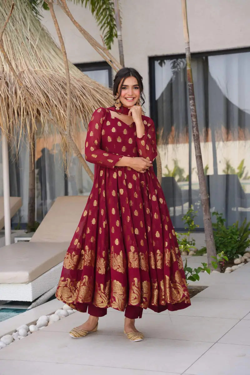 Beautiful Jacquard Maroon Anarkali Suit Set