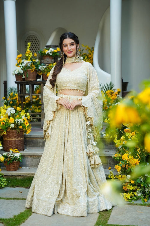 Beautiful Cream Color Full Sequence Work Detailing Lehenga Set