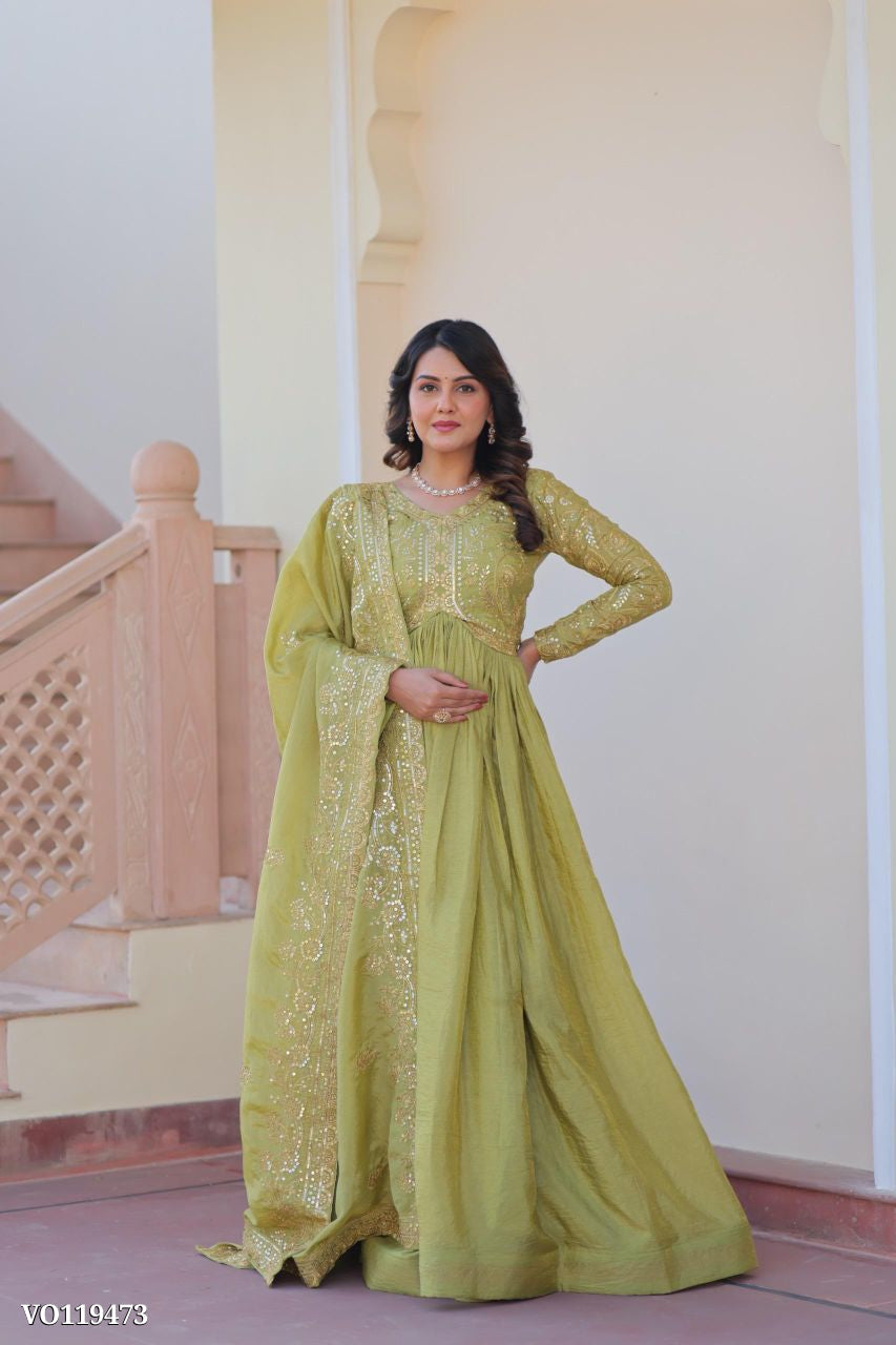 Royal Gold Crush Anarkali Set with Sequence Work