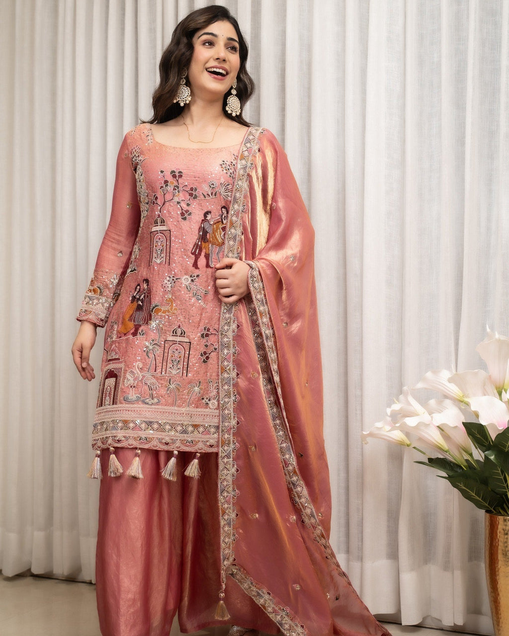 Rose Pink Embroidered Sharara Set with Elegant Dupatta
