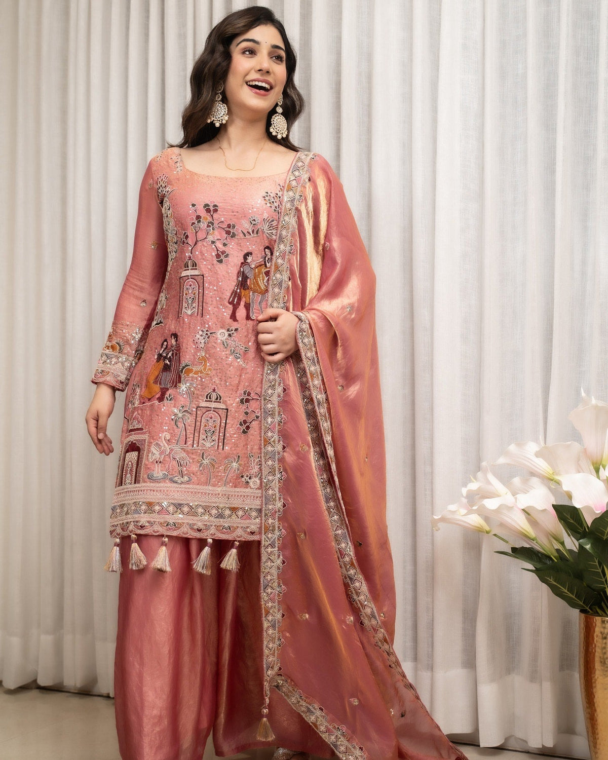 Rose Pink Embroidered Sharara Set with Elegant Dupatta