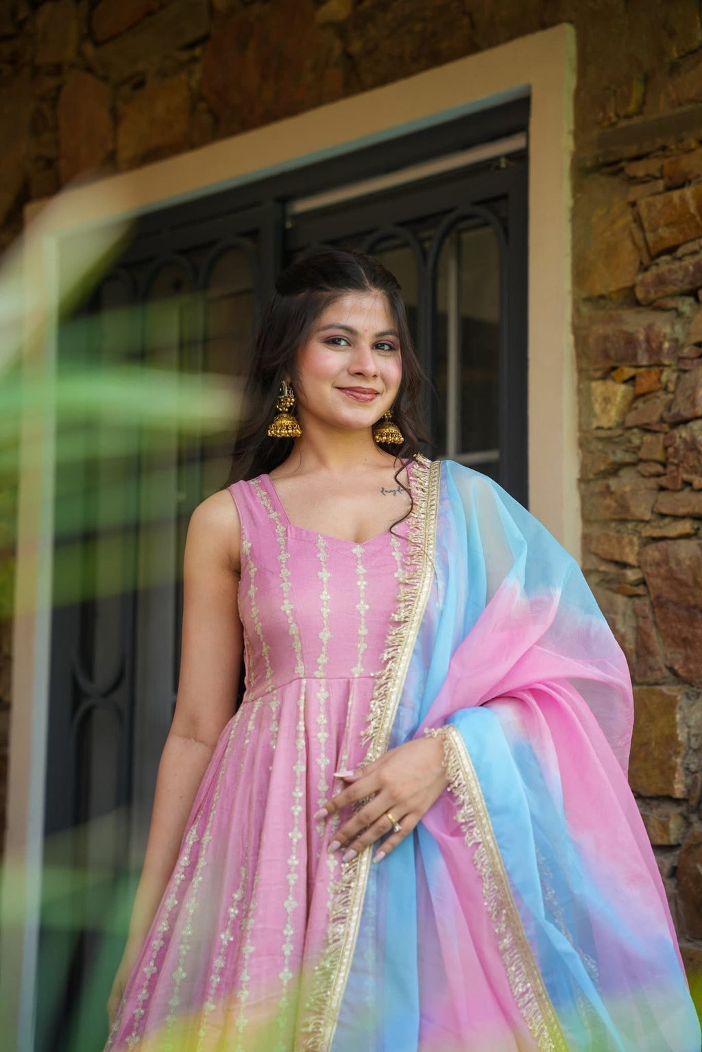 Pastel Pink Patola Anarkali With Sky Blue Dupatta