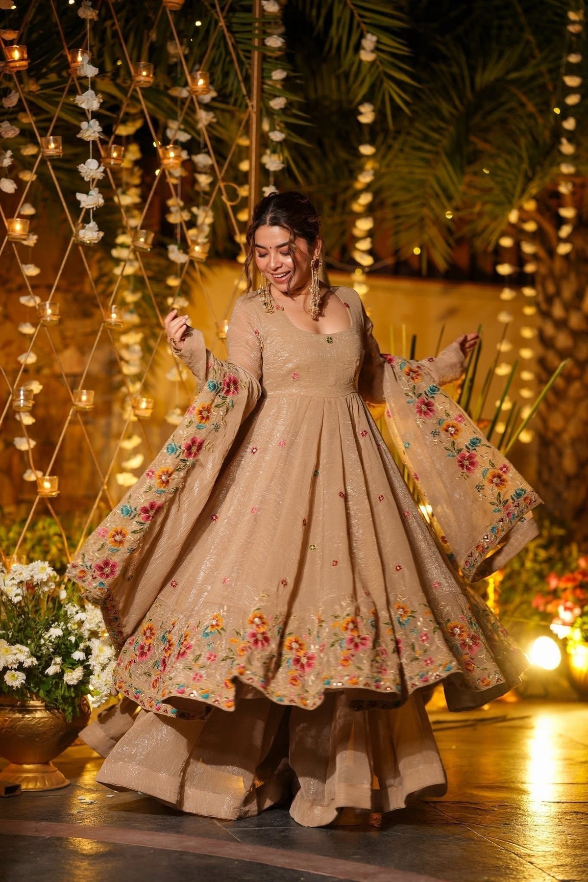 Beautiful Floral Embroidered Beige Anarkali Sharara Set