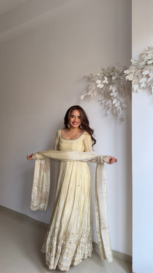 Beautiful Cream Anarkali Suit Set With Sequence Work